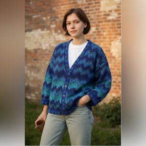 Vintage Paul Harris Blue/Green Chevron faux button up Acrylic & Mohair sweater